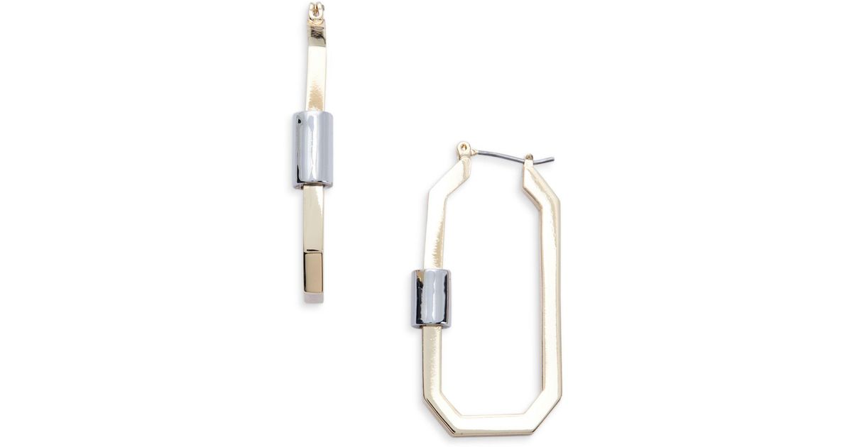 AllSaints Hexagon Carabiner Hoop Earrings In Two Tone in Gold/Silver