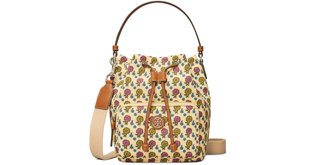 Tory Burch Leather Virginia Printed Mini Bucket Bag in Ivory Floral