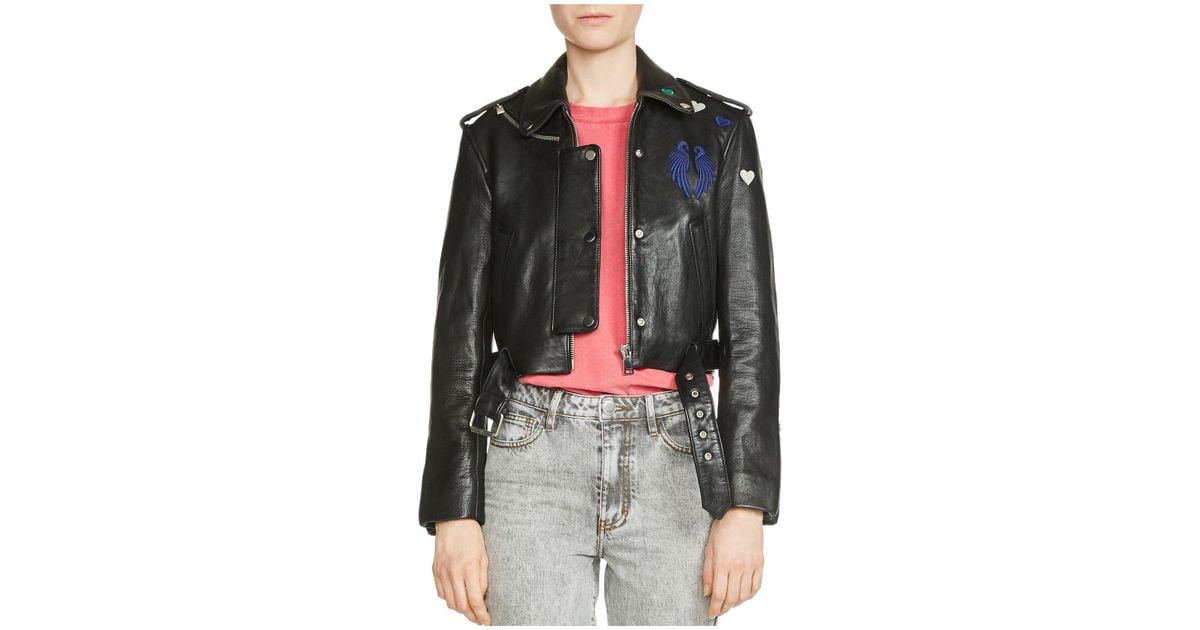 maje embroidered leather jacket
