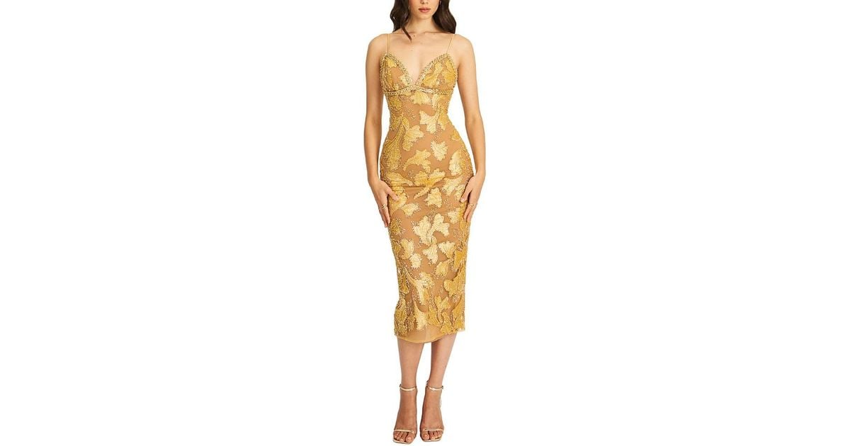 Miss Circle Edie Beaded Sequin Midi Pencil Dress in Yellow | Lyst