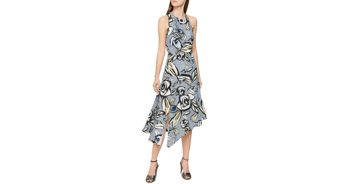 Reiss Synthetic Rose Print Midi Dress in Blue Floral (Blue) | Lyst