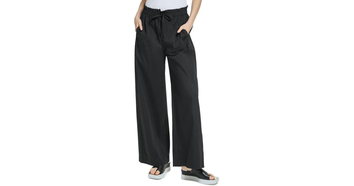 DKNY Cotton Blend Pull On Wide Leg Pants in Black | Lyst