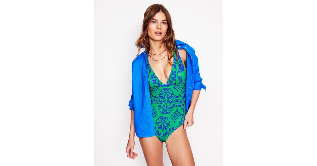 Boden Mykonos Deep V Swimsuit- Structured Meadow in Blue Lyst