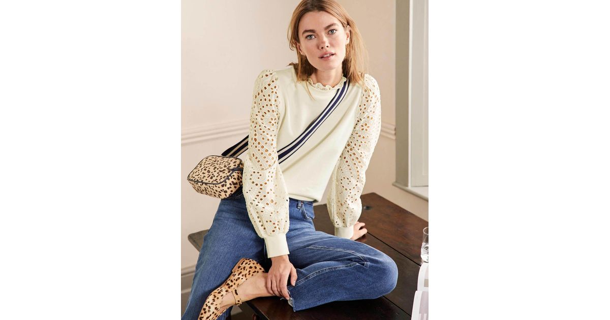 Boden Broderie Blouson Sweatshirt in White | Lyst