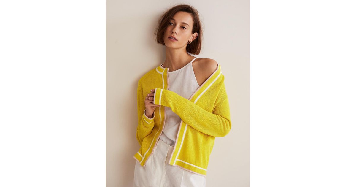 Boden Stripe Trim Linen Cardigan Yellow 