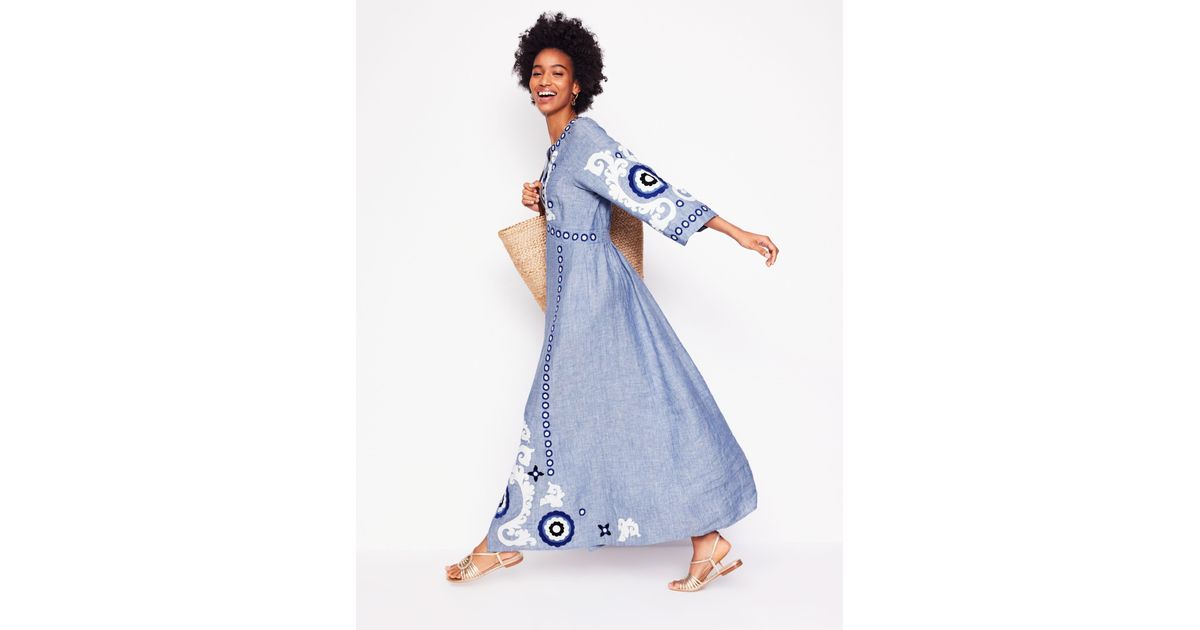 Boden Una Linen Embroidered Dress in Blue | Lyst UK