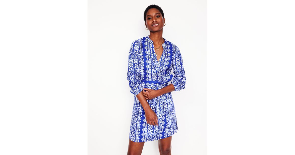 knee length dresses for ladies Cleo Linen Tie Waist Dress-Bright Blue, Ornate Border main image 0