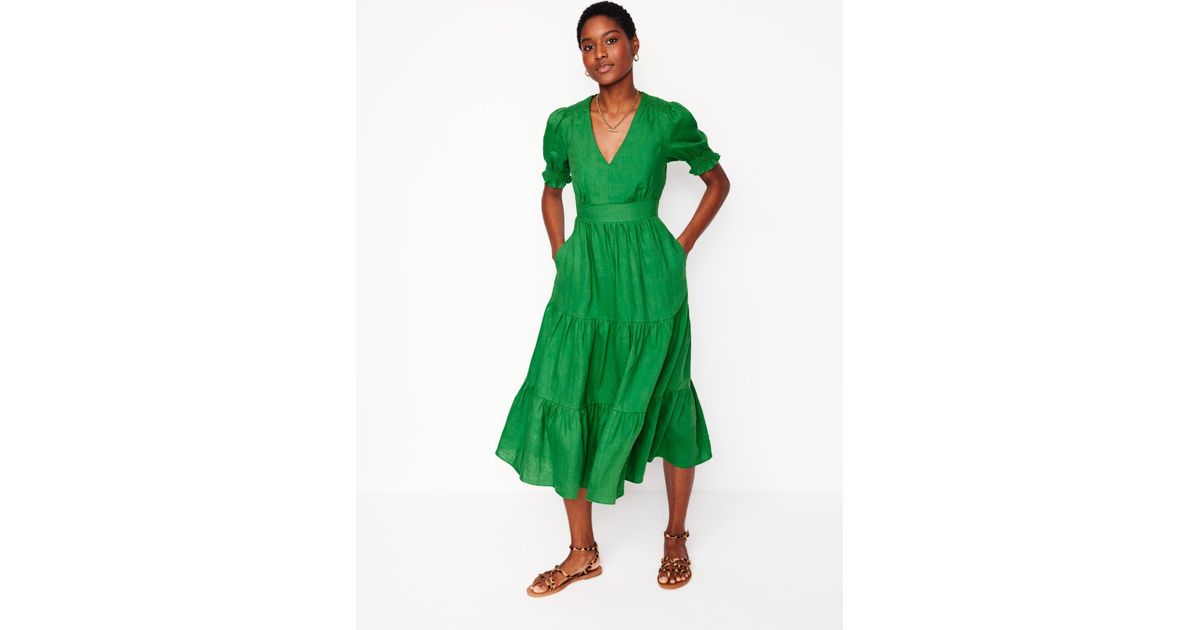 Boden Anna Linen Tiered Midi Dress in Green | Lyst UK
