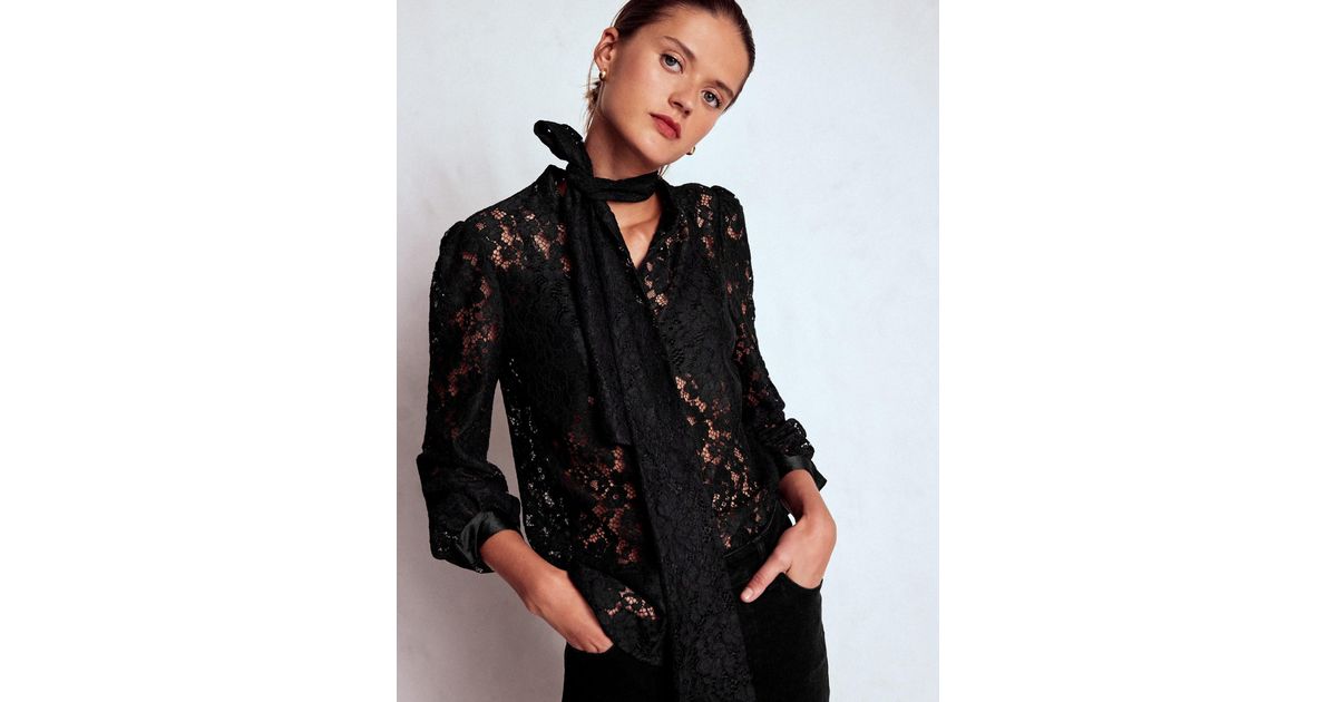 Boden Lace Tie Neck Top in Black | Lyst