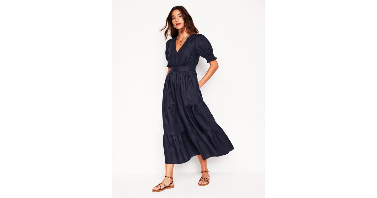 Boden Anna Linen Tiered Midi Dress in Blue | Lyst UK