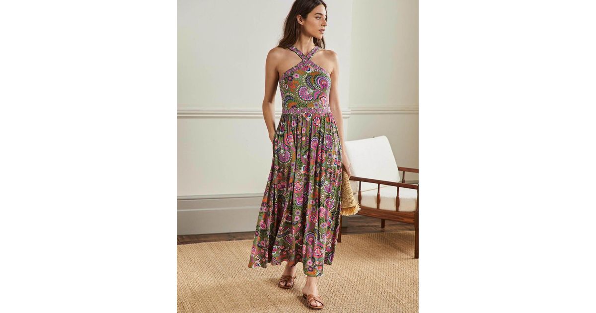 Boden Halterneck Jersey Maxi Dress Pea Decorative Meadow in Green Womens Clothing Dresses Casual and summer maxi dresses 