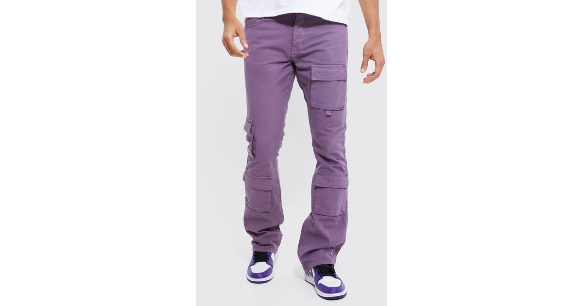 BoohooMAN Fixed Waist Skinny Stacked Cargo Pants in Purple for Men | Lyst
