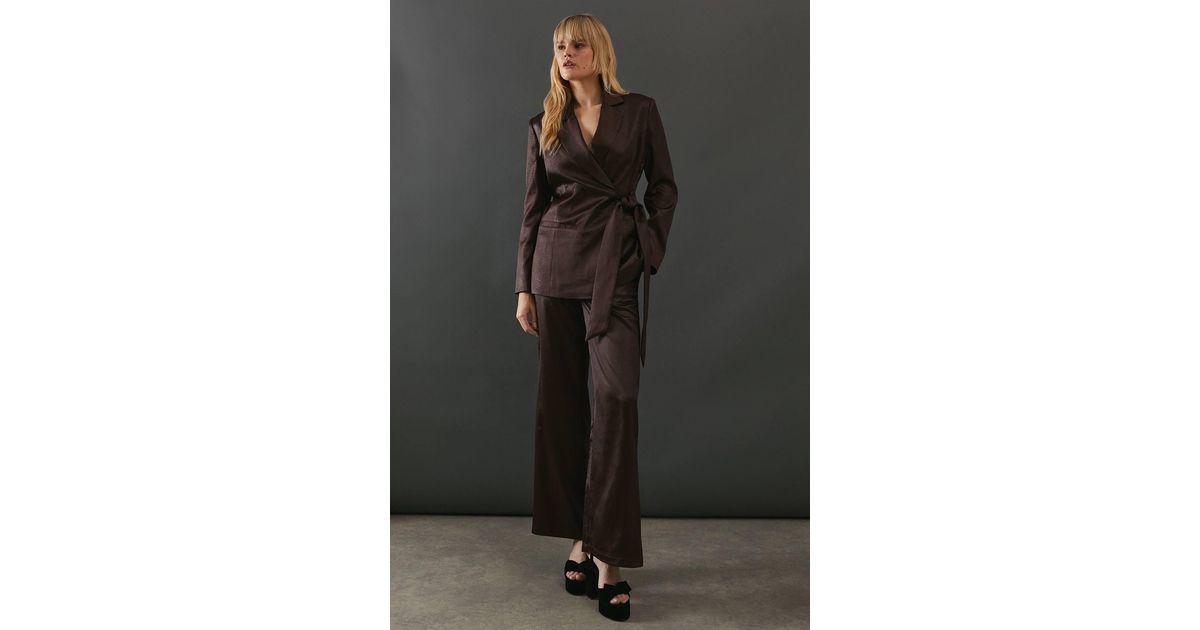 Warehouse Crackled Satin High Waisted Wide Leg Trouser in Black | Lyst