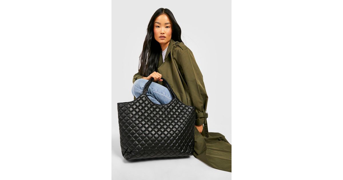 Boohoo Large Quilted Bucket Tote Bag in Black | Lyst