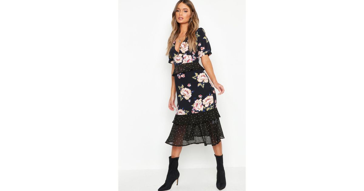 floral polka dot mix midi dress