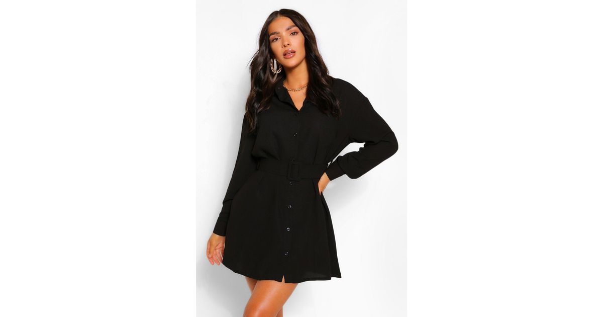 Boohoo Belted Button Down Long Sleeve Shirt Dress in Black | Lyst