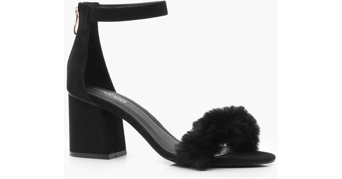 white fluffy block heels