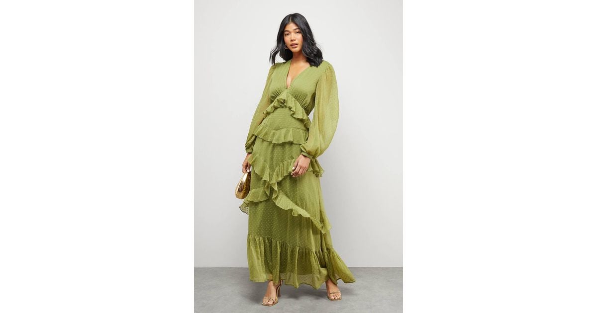 Warehouse Chiffon Plunge Neck Ruffle Detail Volume Sleeve Maxi Dress in  Green