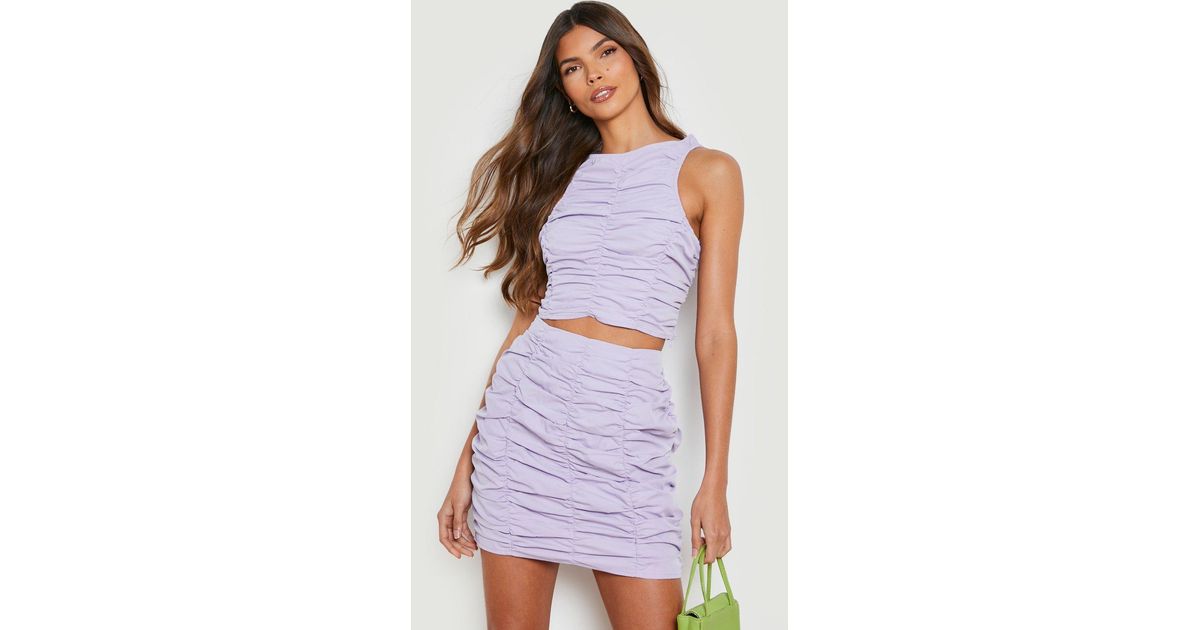 Boohoo Ruched Woven Crop & Ruched Woven Mini Skirt in Purple | Lyst Canada