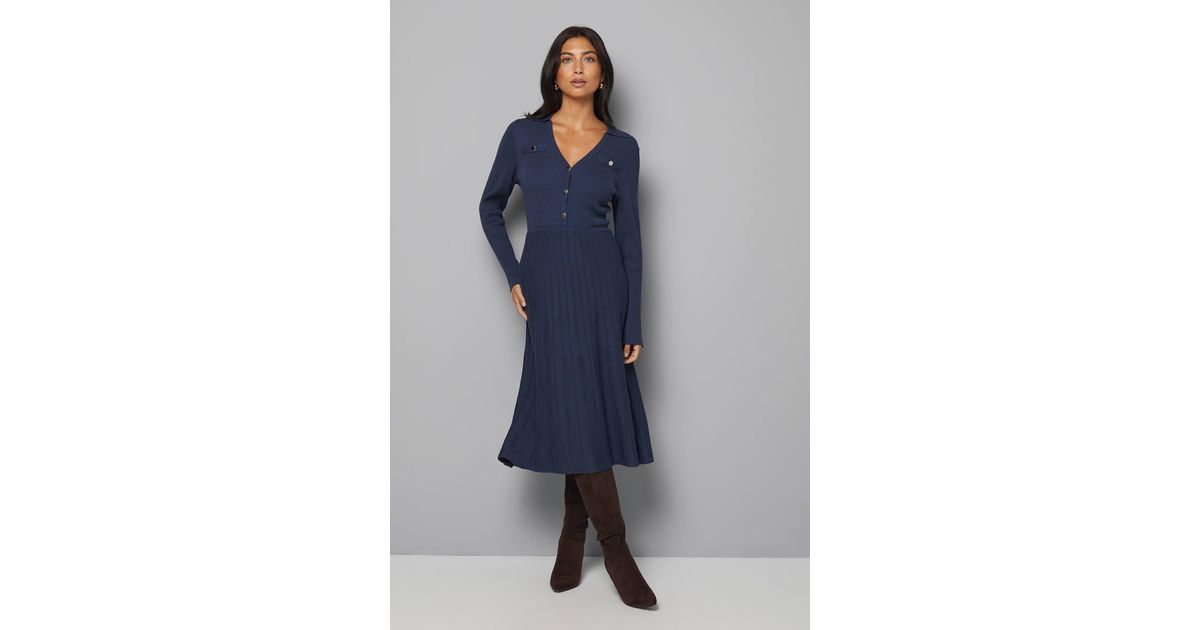 Wallis Statement Button Pleated Knitted Dress in Blue | Lyst
