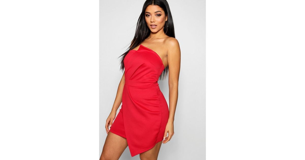 red bandeau wrap bodycon dress