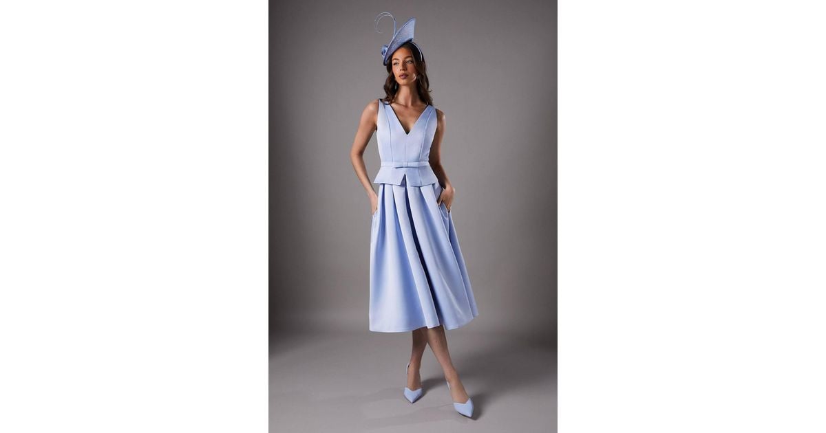 Coast Lisa Tan Structured Satin Pleated Peplum Midi Dress in Gray | Lyst