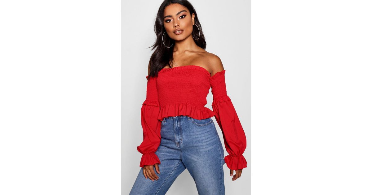 shirred ruffle hem bardot top