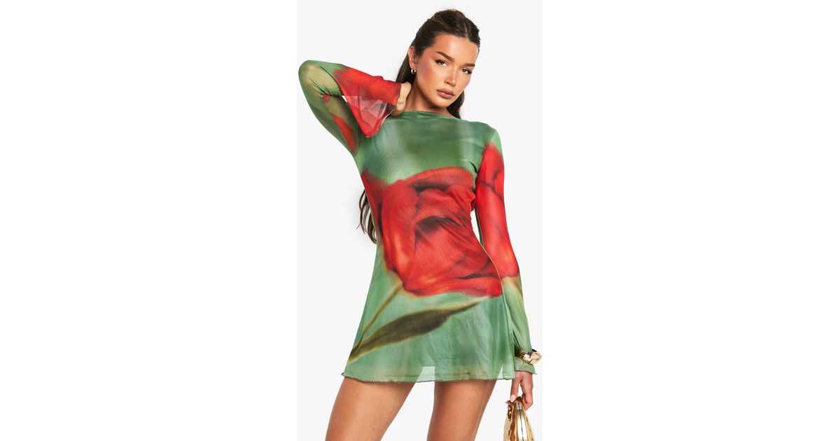 Boohoo Floral Mesh Flare Sleeve Mini Dress in Green | Lyst Canada
