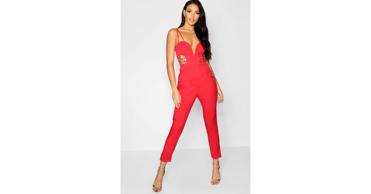 red skinny leg jumpsuit