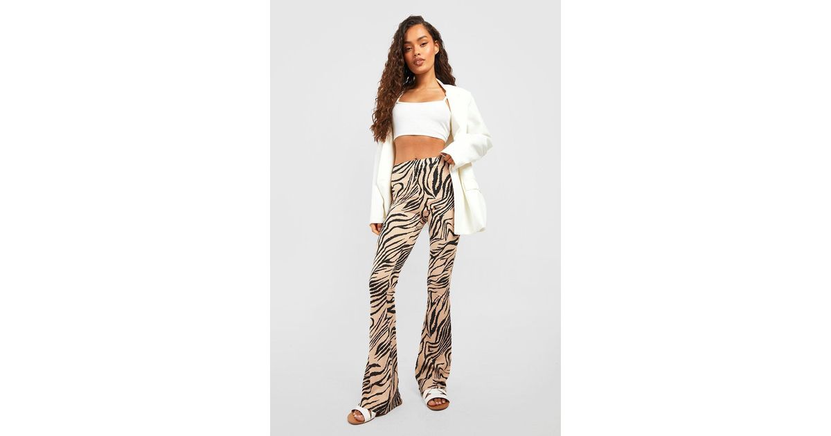 Boohoo Khaki Zebra Print Rib Flared Pants in White | Lyst