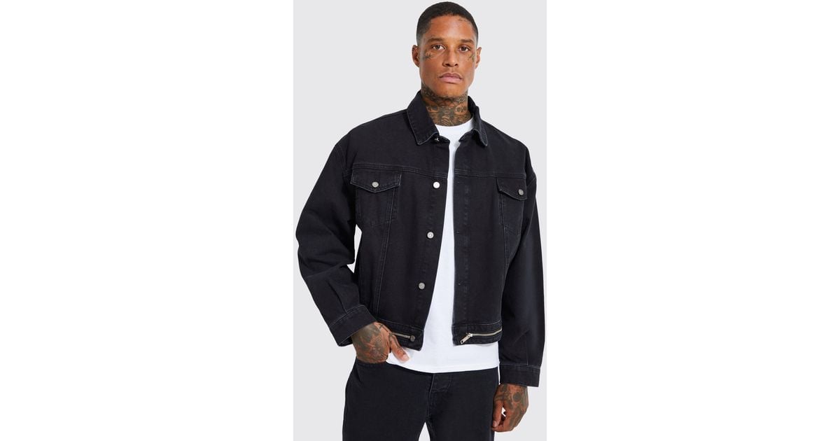 BoohooMAN Boxy Denim Jacket With Zip Detail in Black for Men Lyst