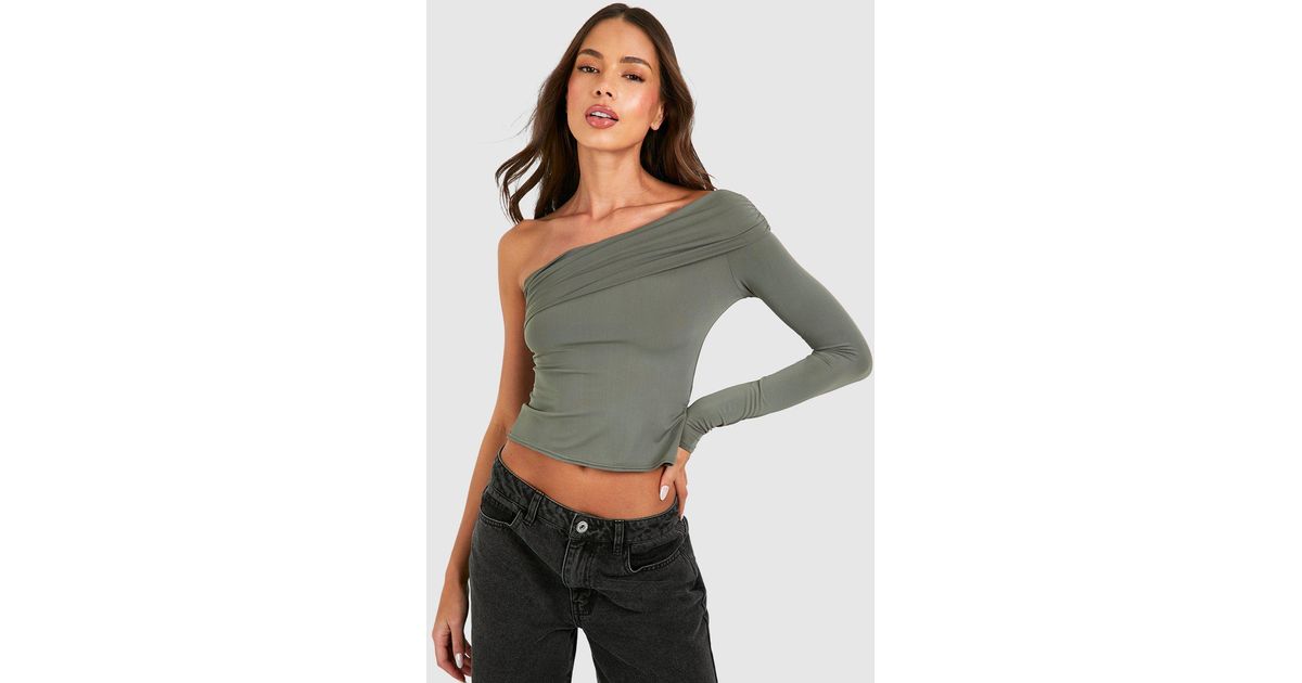 Boohoo Premium Matt Slinky One Shoulder Asym Top in Gray