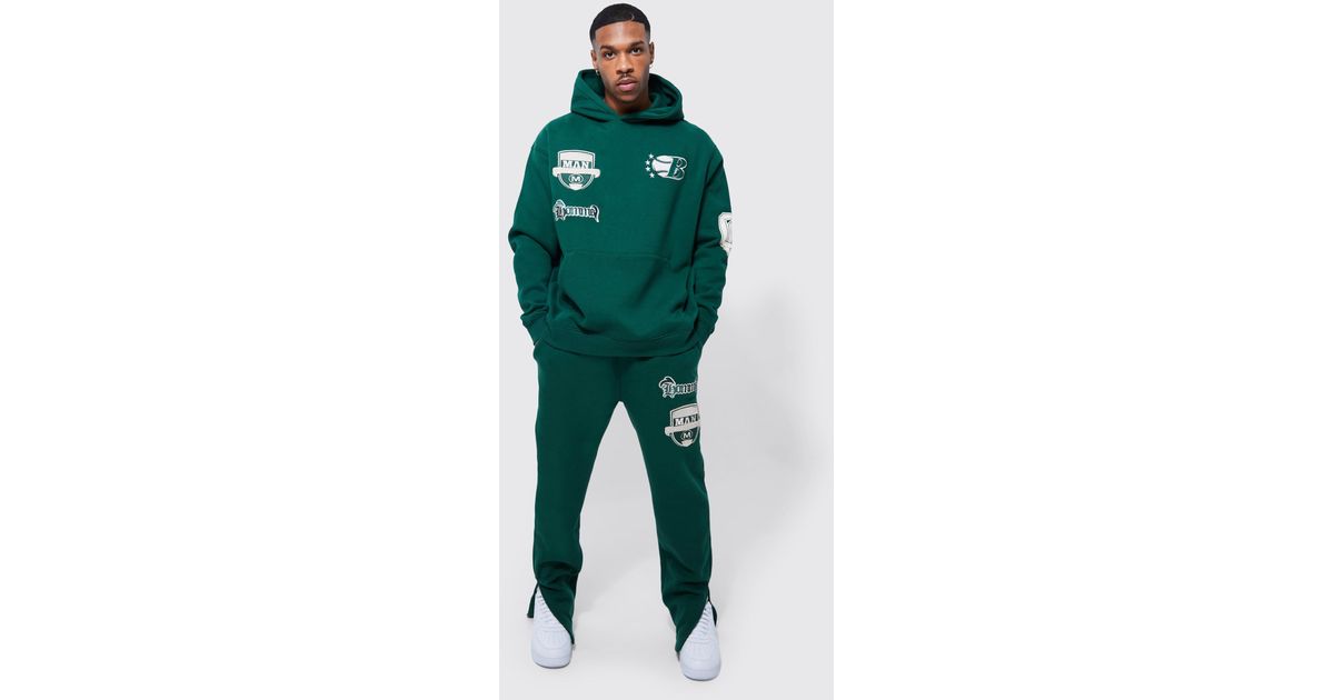 BoohooMAN Oversized B Varsity Hooded Tracksuit in Green for Men | Lyst
