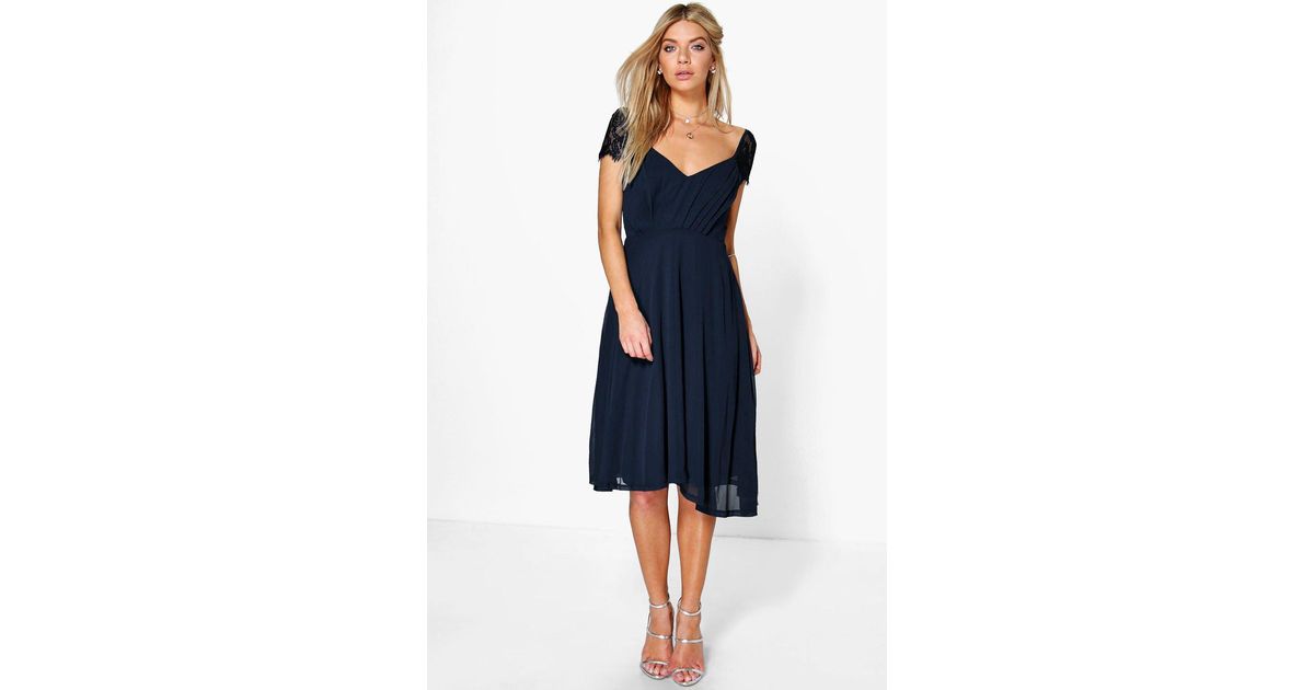 eyelash lace sleeve chiffon midi skater dress