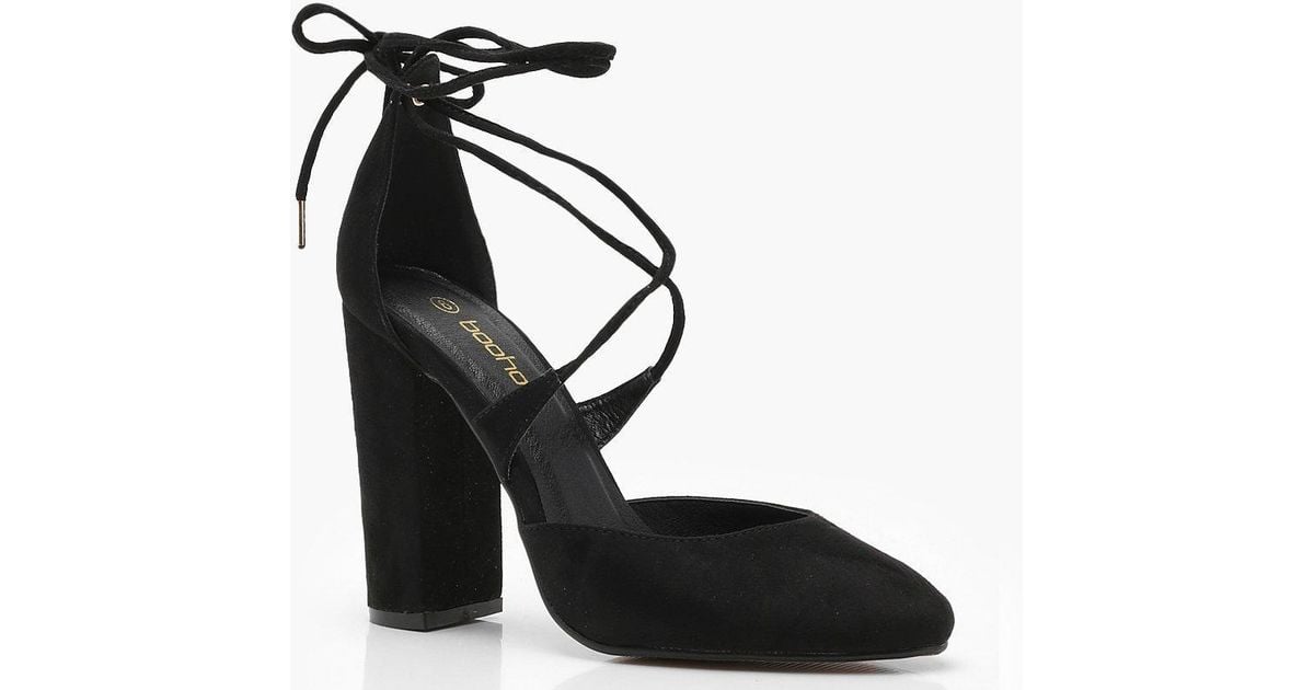 Boohoo Round Toe Lace Up Heels in Black 