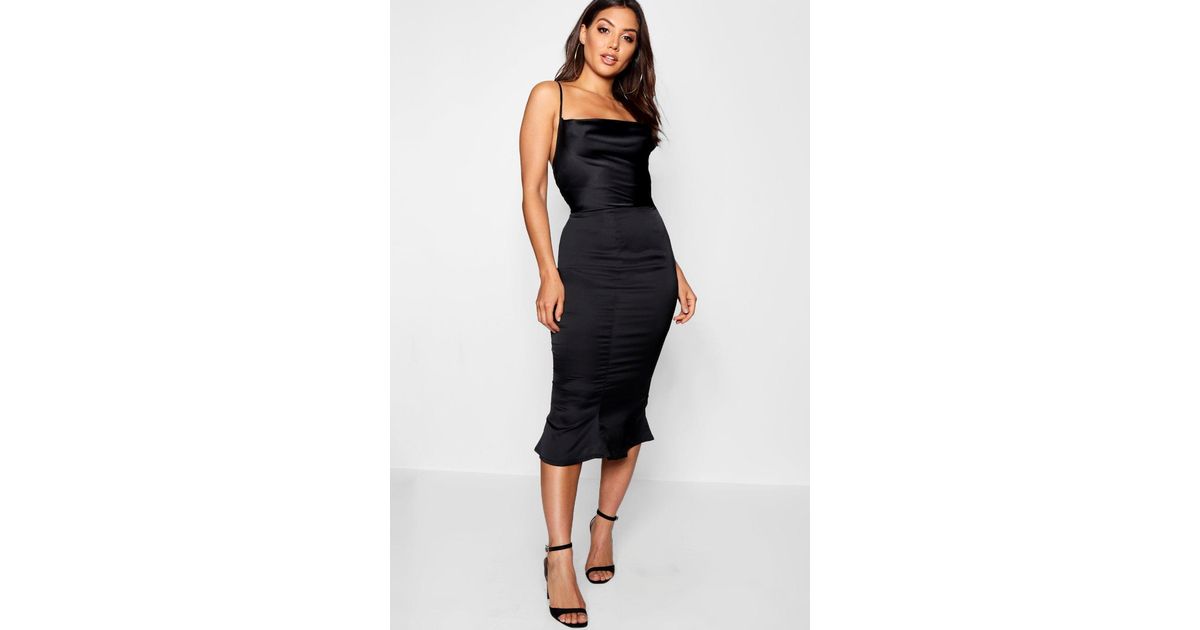 satin cowl neck lace up fishtail midi dress