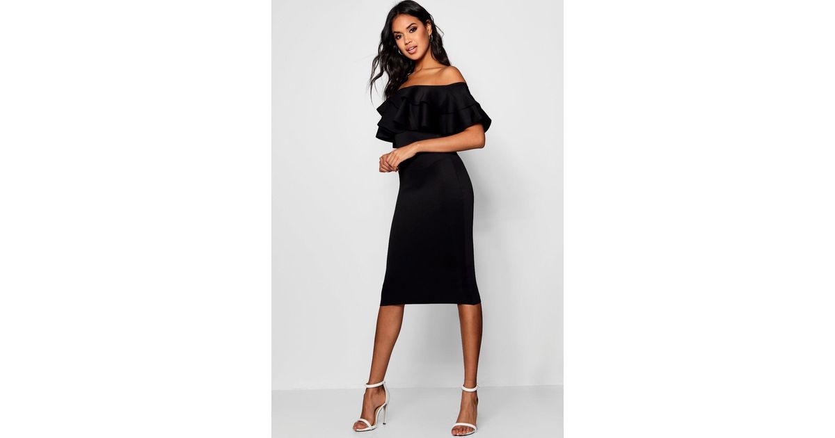 bardot layered frill detail midi dress