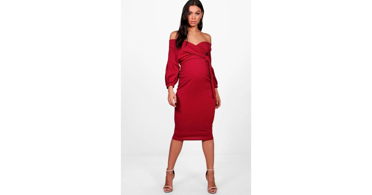 maternity off the shoulder wrap midi dress