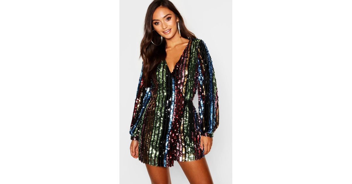 rainbow sequin blouson sleeve wrap dress