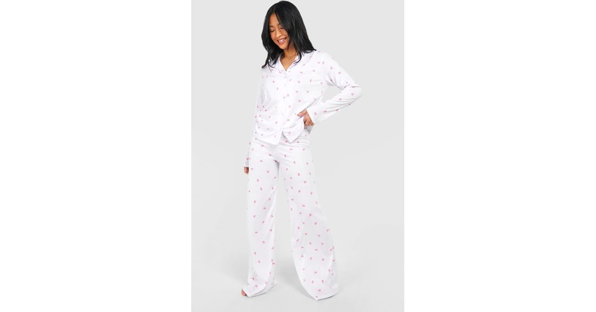 Boohoo Petite Bow Print Pyjama Set in White Lyst Canada