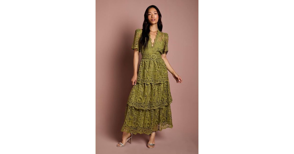 Coast Short Sleeve V Neck Tiered Lace Midi Dress in Green | Lyst