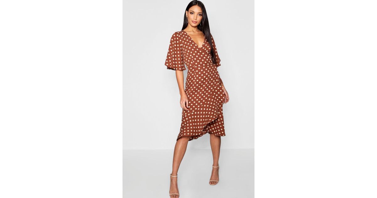 chocolate polka dot one shoulder ruffle detail pleated midi dress