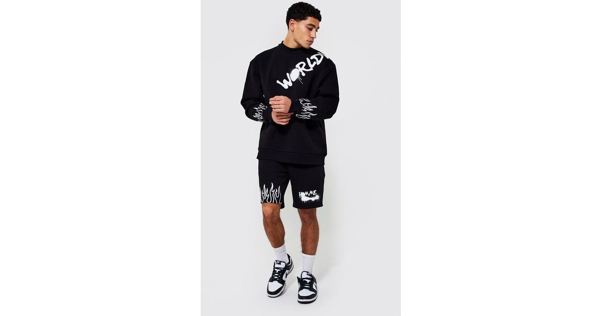 BoohooMAN Cotton Oversized Flame Graffiti Short Tracksuit in Black for ...