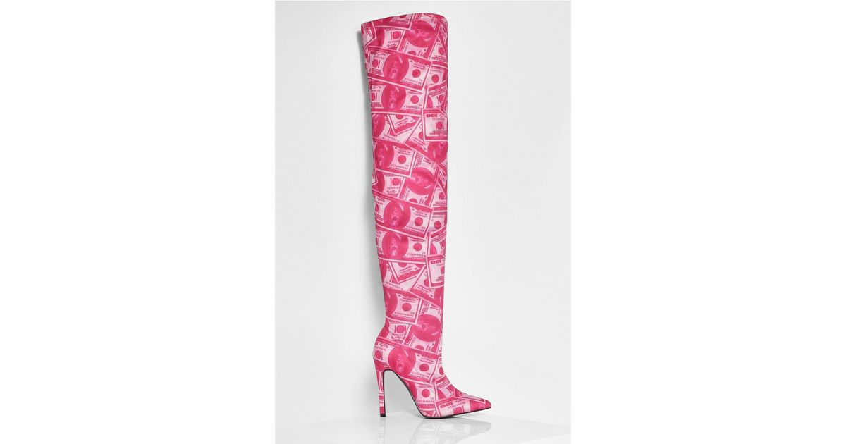 Money Print Over The Knee Boots in Pink 