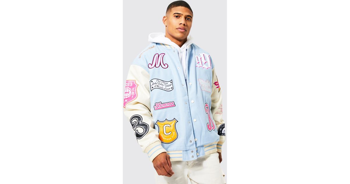 BoohooMAN Oversized Pour Homme Worldwide Varsity Jacket in Blue