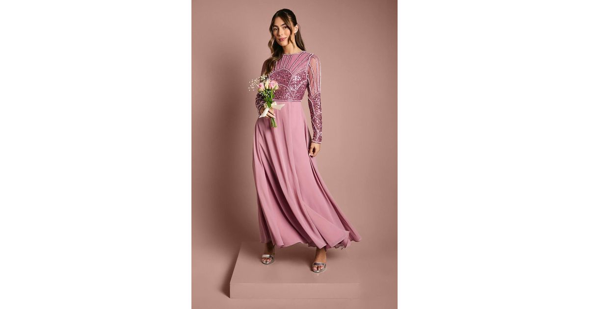 coast pink embellished dress Coast Embellished Long Sleeve Bridesmaid Dress in Pink