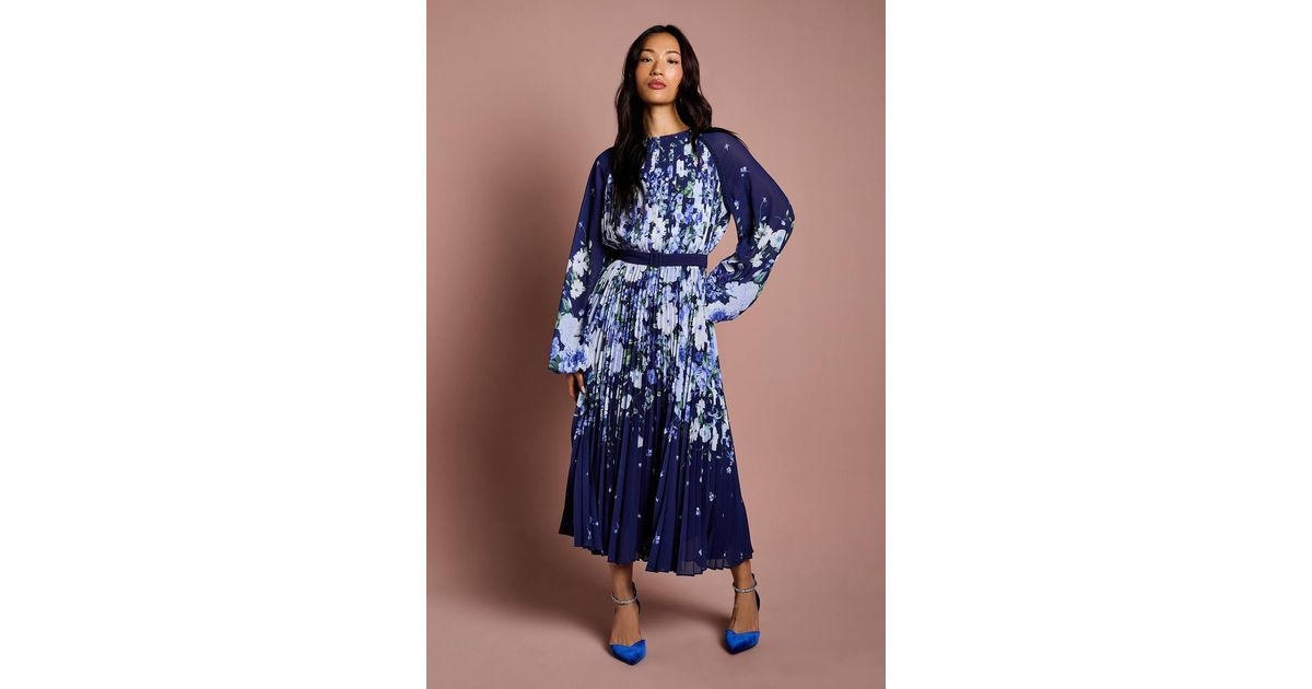 navy floral long sleeve pleated midi dress Floral Pleated Surplice Long Sleeve Midi Dress Body By J'ne