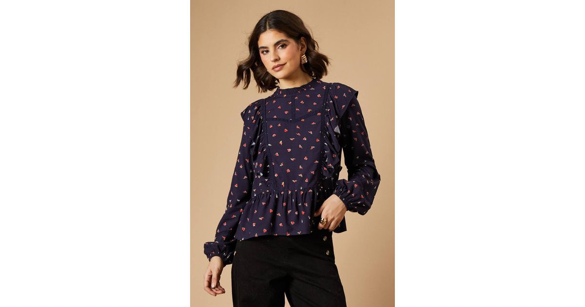 Oasis Ruffle Blouse Oasis Ditsy Printed Ruffle Lace Trim Top in Blue | Lyst