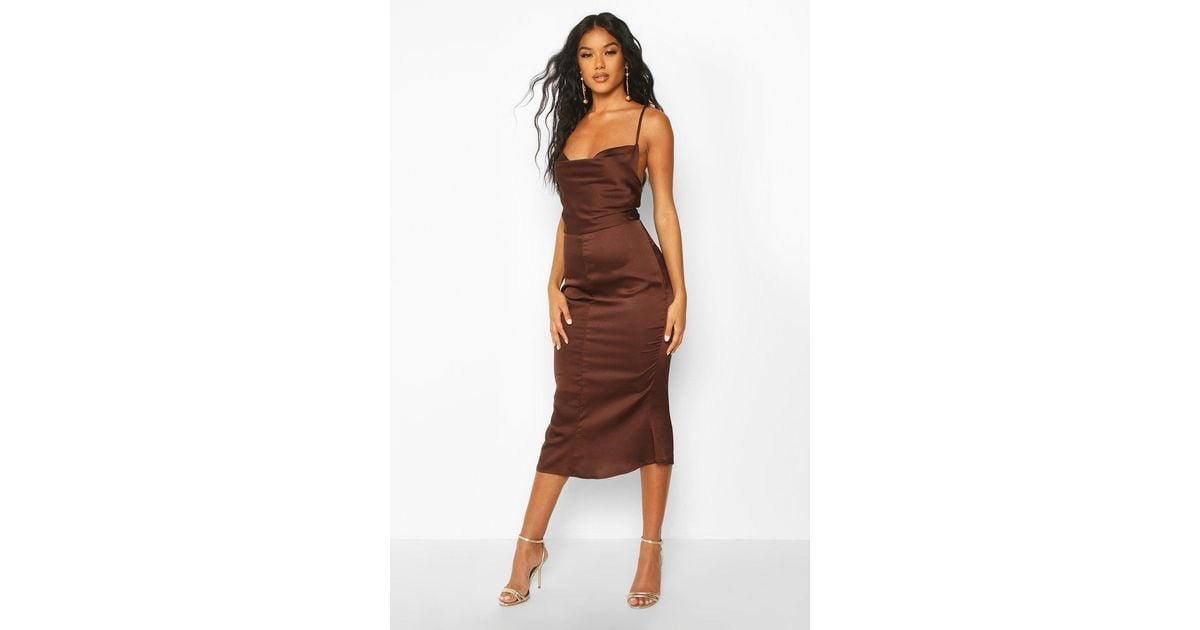 satin cowl neck lace up fishtail midi dress