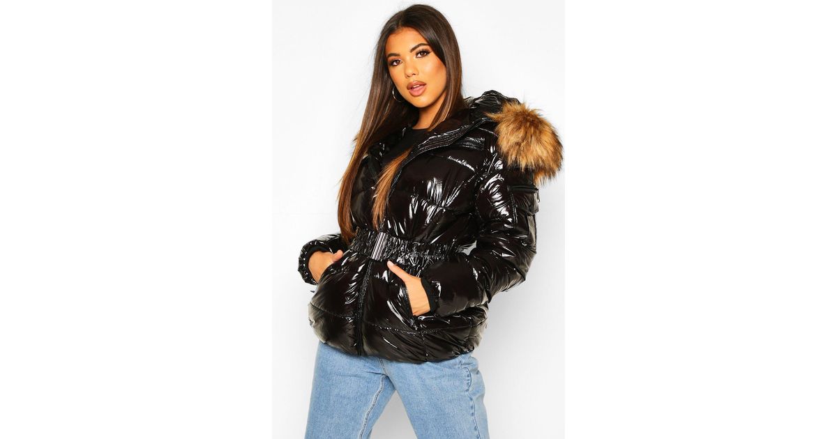 black vinyl puffer jacket with fur hood